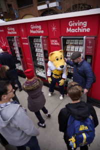 Denver Nuggets Supermascot Rocky visits the Giving Machines.